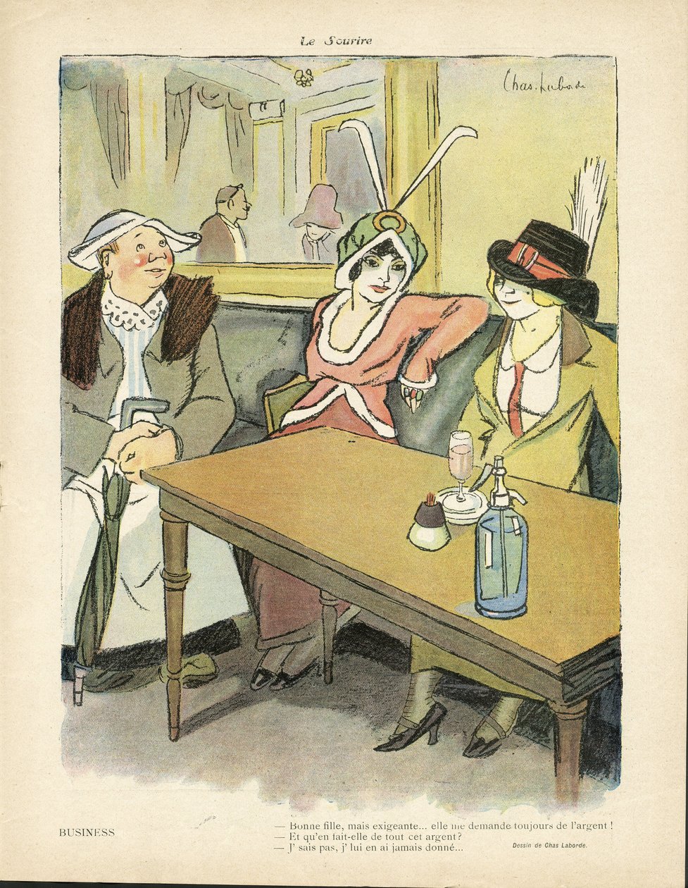 Illustration af Chas-Laborde (1886-1941) i Le Smile, nr. 9, 27/02/13 - Forretning - Restaurantcaféer, Mode, Hat - Amorit, Girighed - Kvinder af Charles Laborde