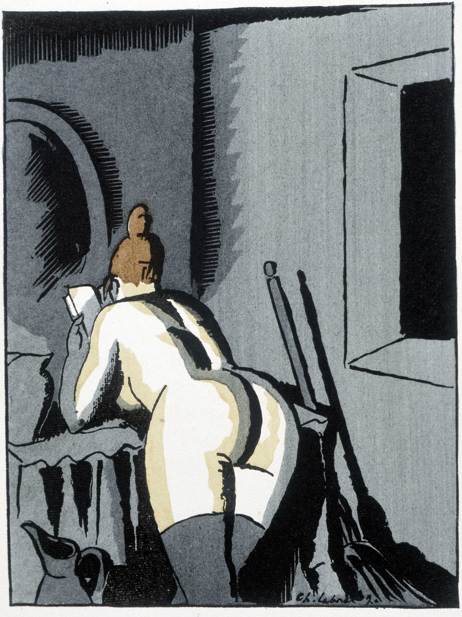 Nøgen kvinde, ryg, læser - i "" Le negre Leonard"" af Pierre Mac Orlan, ill. de Chas. Laborde (Charles Laborde) (1886-1941), udg. af banneret af Charles Laborde