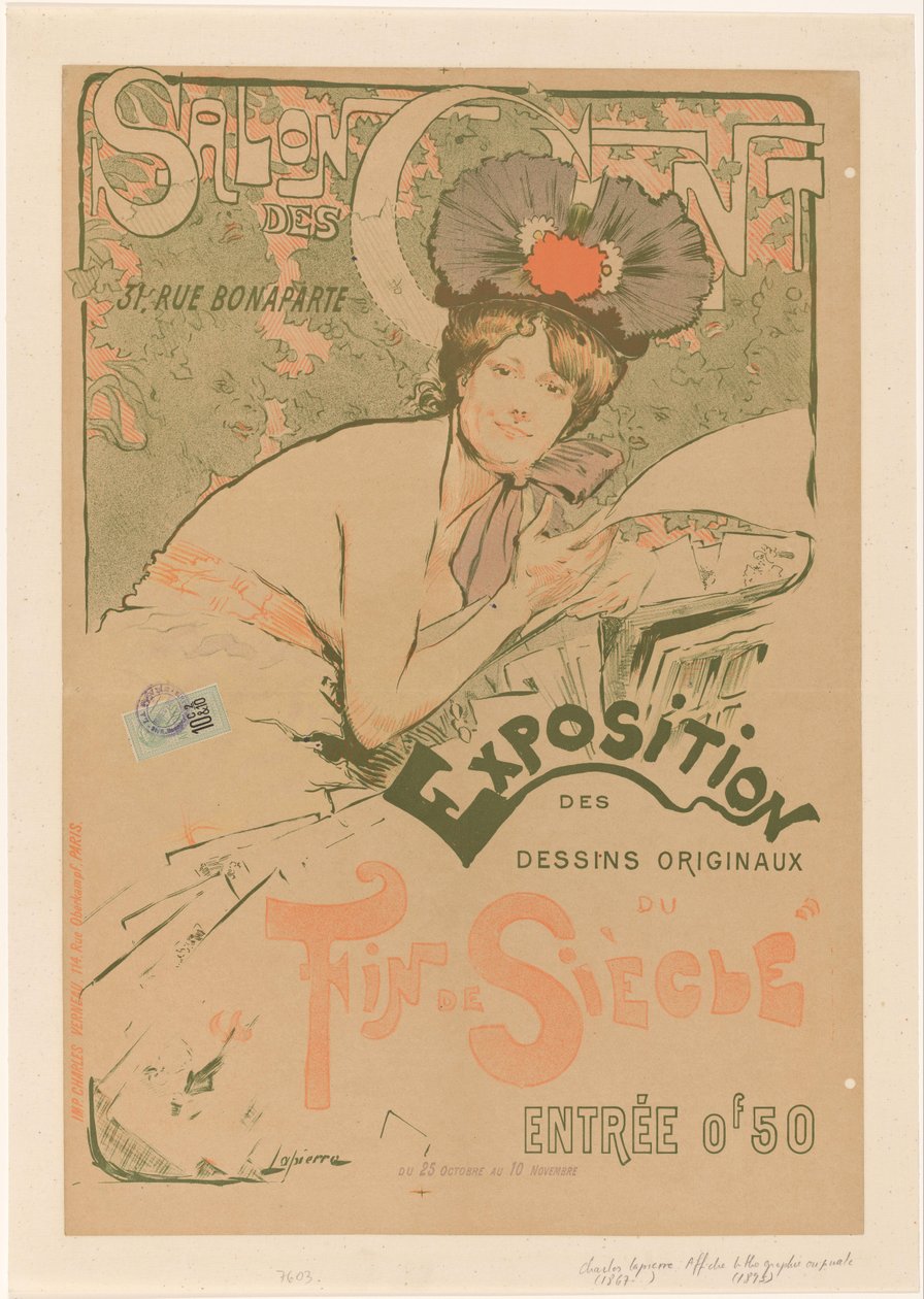 Plakat til en udstilling af Salon des Cent Salon des Cent Udstilling af originale tegninger fra slutningen af ​​århundredet (titel på objekt) af Charles Lapierre