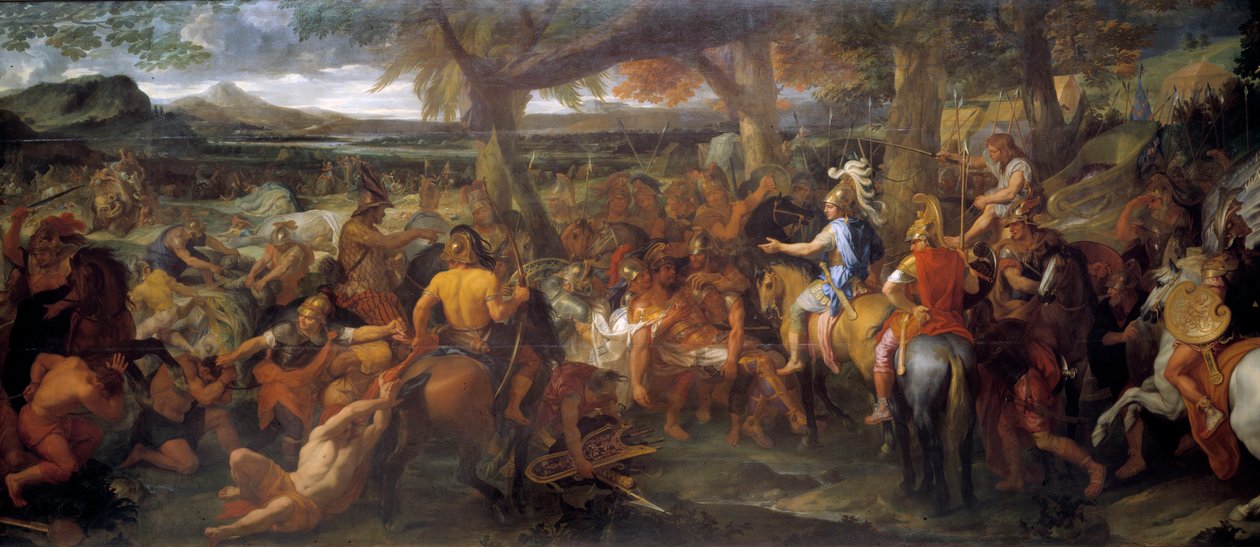 Alexander og Porus. I 327 f.Kr. fortsatte Alexander den Store sin erobring mod Indusdalen. I 326 f.Kr. besejrede han Puru (eller Poros, konge af Paurava-stammen i det 4. århundrede f.Kr.) og hans hær af krigselefanter i slaget ved Hydaspe. Maler af af Charles Le Brun