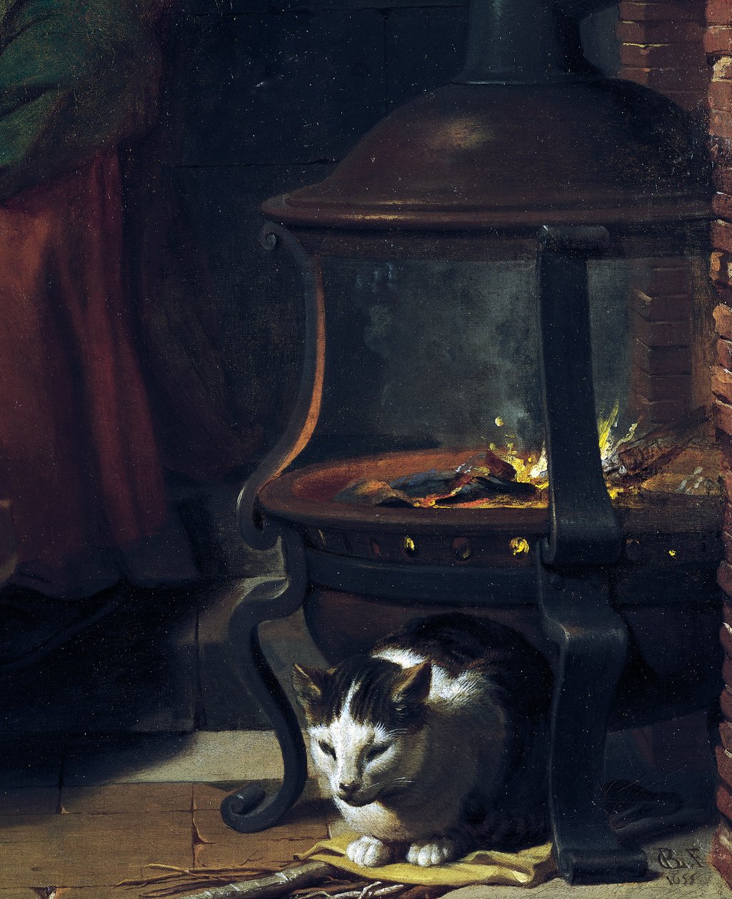 Kat under brændende fyrfad, detalje fra Infant Jesus Sleeping, maleri af Charles Le Brun (1619-1690), olie på lærred, 87x118 cm, Frankrig af Charles Le Brun