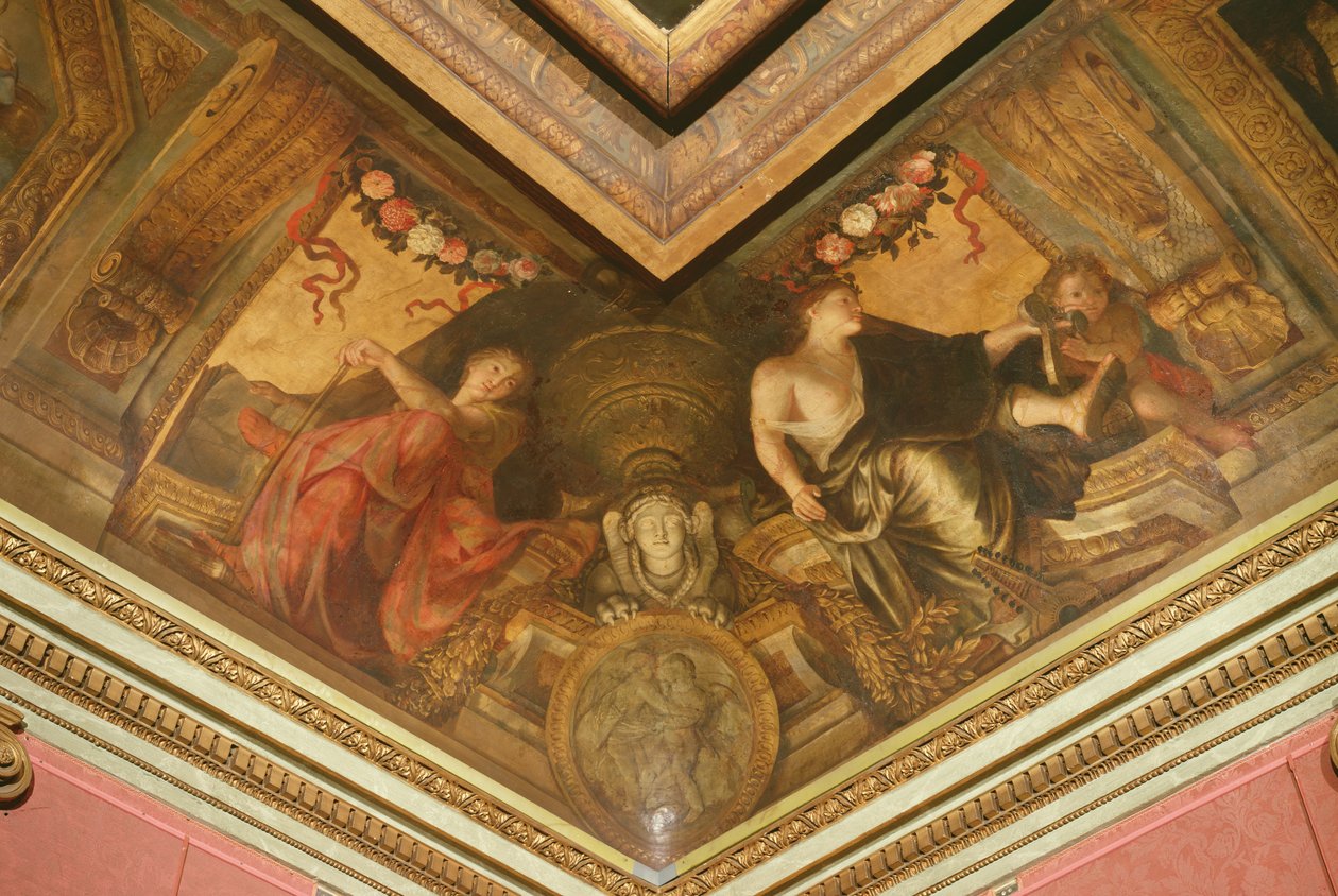 Loft på Hôtel La Rivière, detalje af Erato og Terpsichore, 1653 olie på lærred af Charles Le Brun