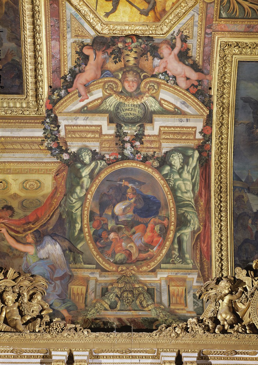 Tyrkernes nederlag i Ungarn af kongens tropper i 1664, loftmaleri fra Galerie des Glaces af Charles Le Brun