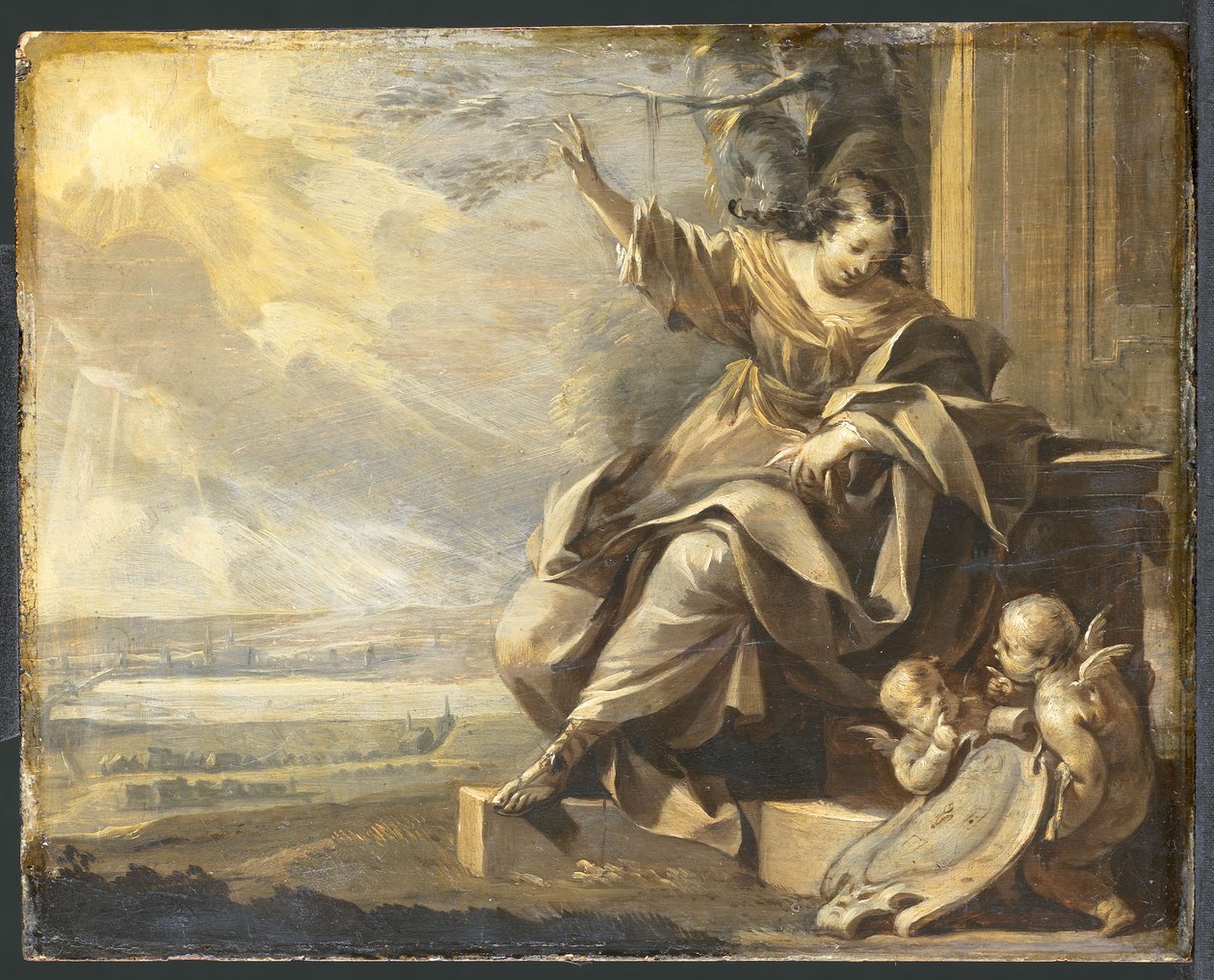 Tysk: Siddende kvindefigur med to putti og flodlandskab, Grisaille Allegorisk kvindefigur med to putti af Charles Le Brun