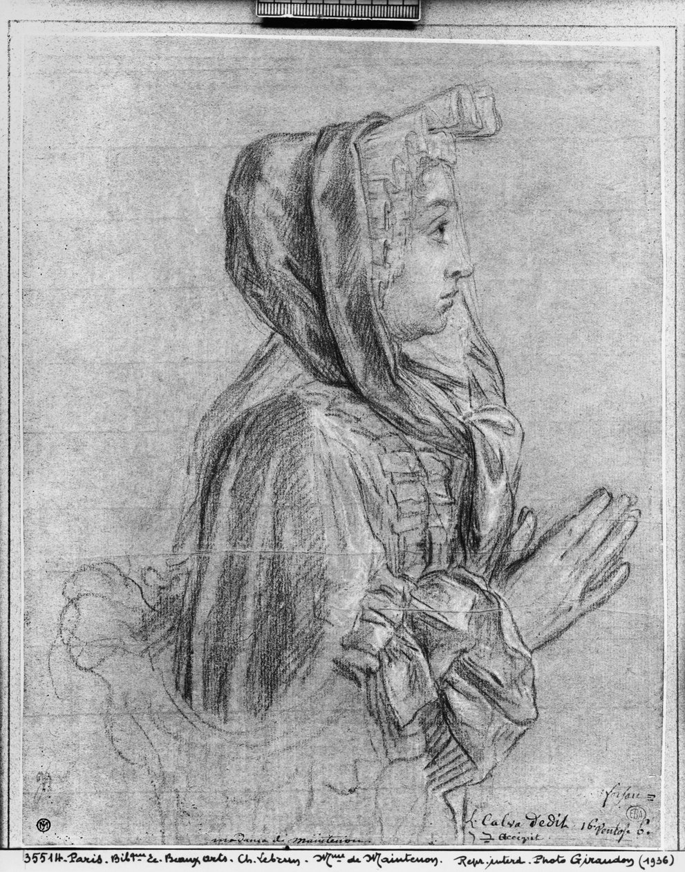 Halvlængde profil af en kvinde med spændte hænder, kendt som Madame de Maintenon (pierre noire und kridt på brunt papir) af Charles Le Brun