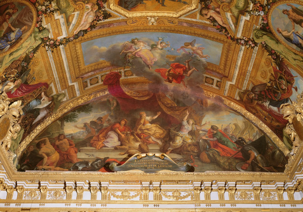 Holland accepterer fred og løsriver sig fra det Hellige Romerske Rige og fra Spanien i 1678, loftsmaleri fra Galerie des Glaces af Charles Le Brun