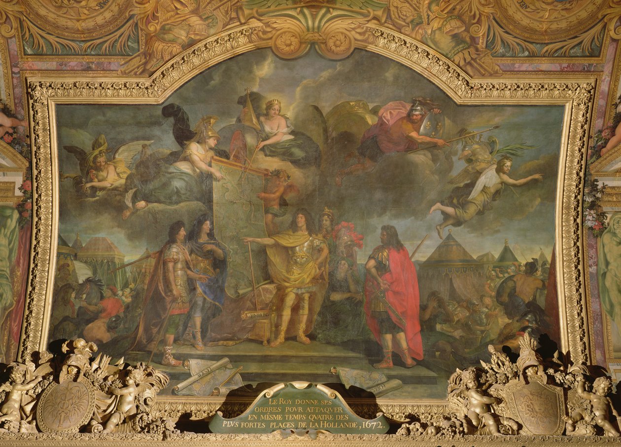 Kong Ludvig XIV (1638-1715) giver ordre om samtidig at angribe fire af de stærkeste hollandske stillinger i 1672, loftmaleri fra Galerie des Glaces af Charles Le Brun