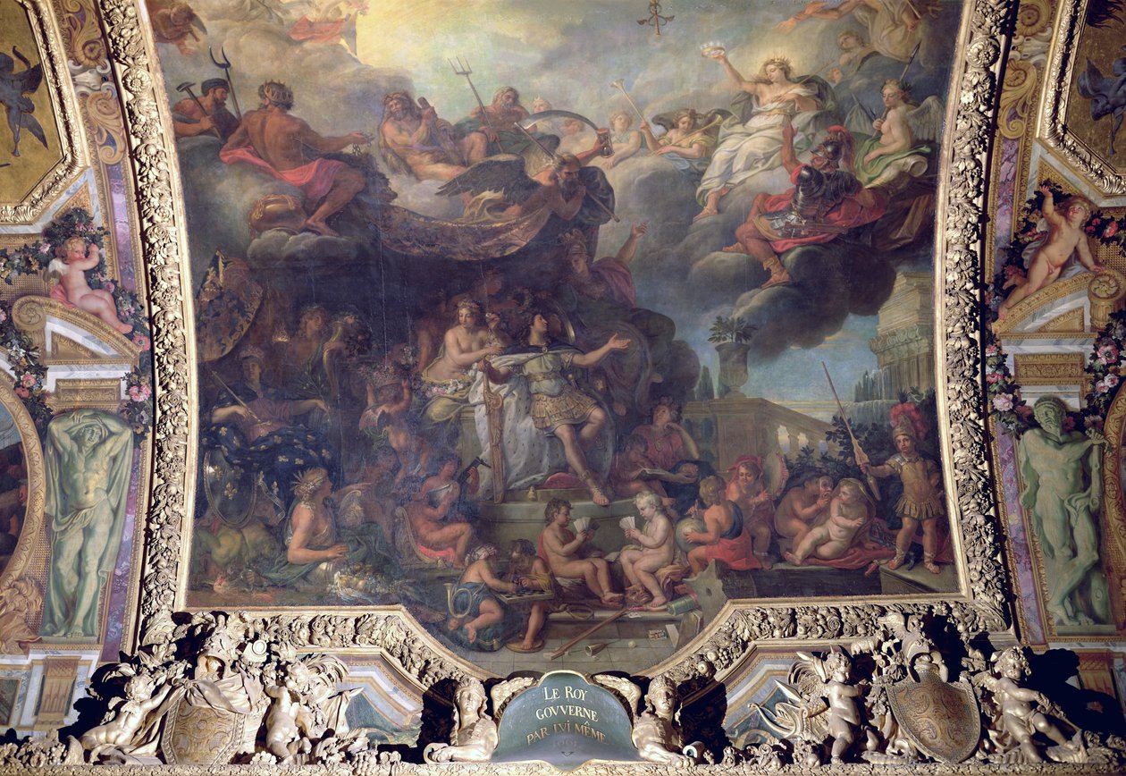 Kong Ludvig XIV (1638-1715) Regerende alene i 1661, loftmaleri fra Galerie des Glaces af Charles Le Brun
