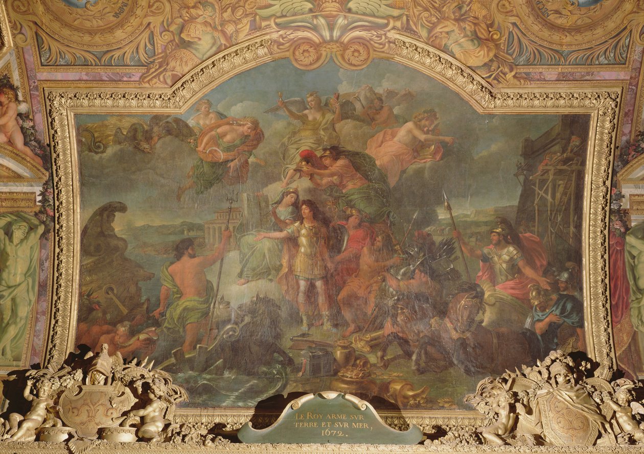 Kong Ludvig XIV (1638-1715) greb til våben til lands og til vands i 1672, loftmaleri fra Galerie des Glaces af Charles Le Brun