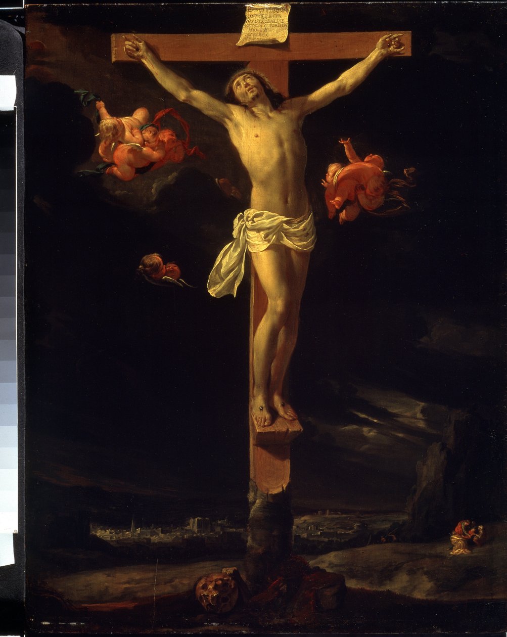 Korsfæstelsen (Korsfæstelsen). Man kan læse den latinske indskrift på korset ""His est iesus rex iudeorum"" (Dette er Jesus, jødernes konge). Maleri af Charles Le Brun (1619-1690) af Charles Le Brun