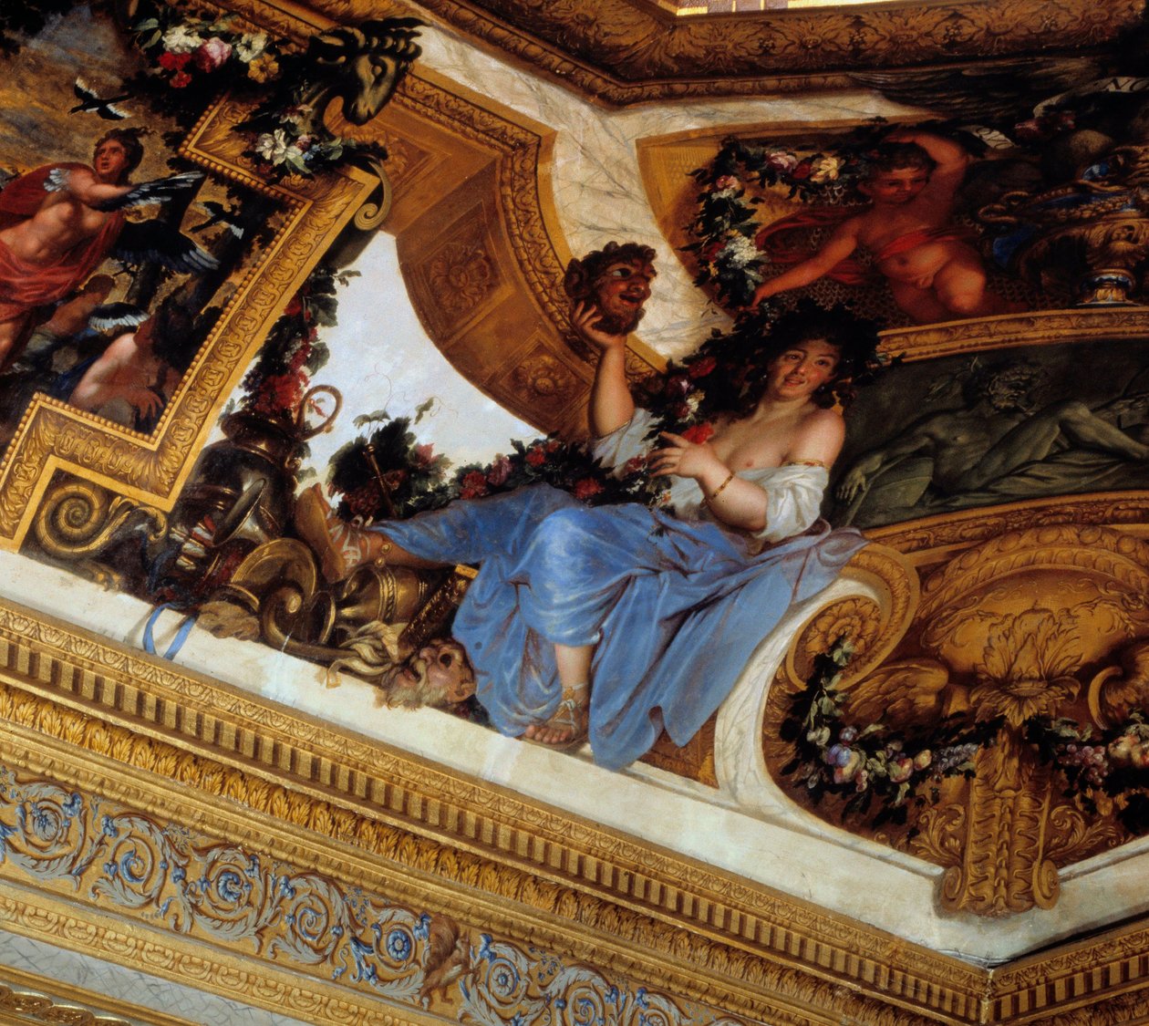 Thalie, en af muserne, protektor for komedie og pastoral poesi Detalje af malerierne af Salon des Muses af Charles Lebrun (Le Brun) (1619-1690) 1600-tallet Chateau de Vaux Le Visomte (Vaux-Le-Vicomte), Seinen et Marne. af Charles Le Brun