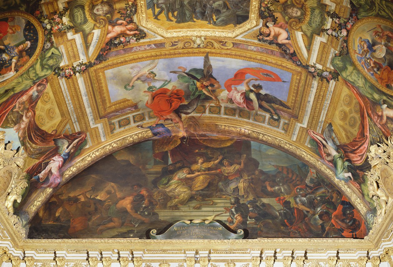 Alliancen mellem Tyskland og Spanien med Holland, 1672, Loftmaleri fra Galerie des Glaces af Charles Le Brun