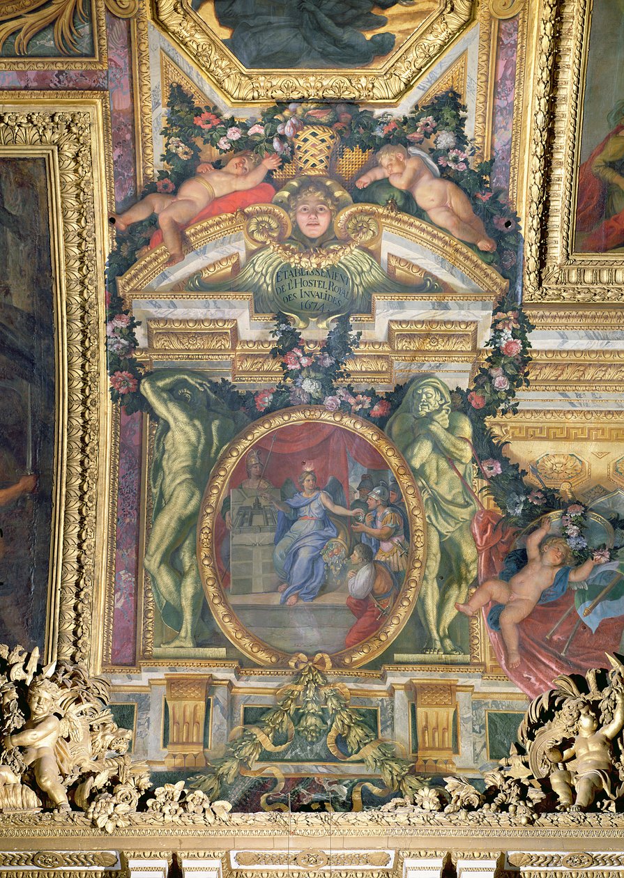 Grundlæggelsen af Hotel Royal des Invalides i 1674, loftmaleri fra Galerie des Glaces af Charles Le Brun