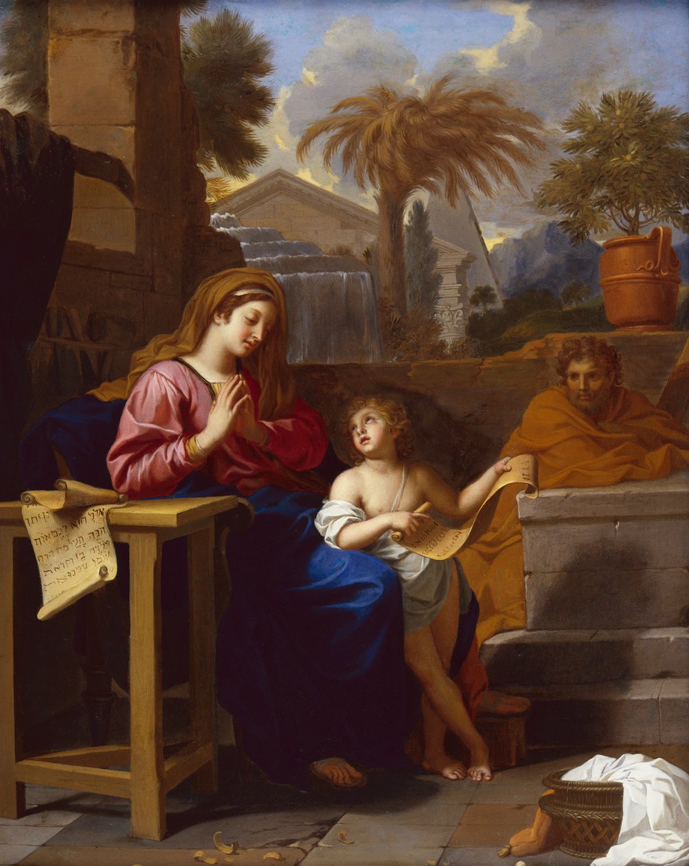 Den hellige familie i Egypten med spædbarnet Kristus læser et hebraisk skrift (olie på lærred) af Charles Le Brun