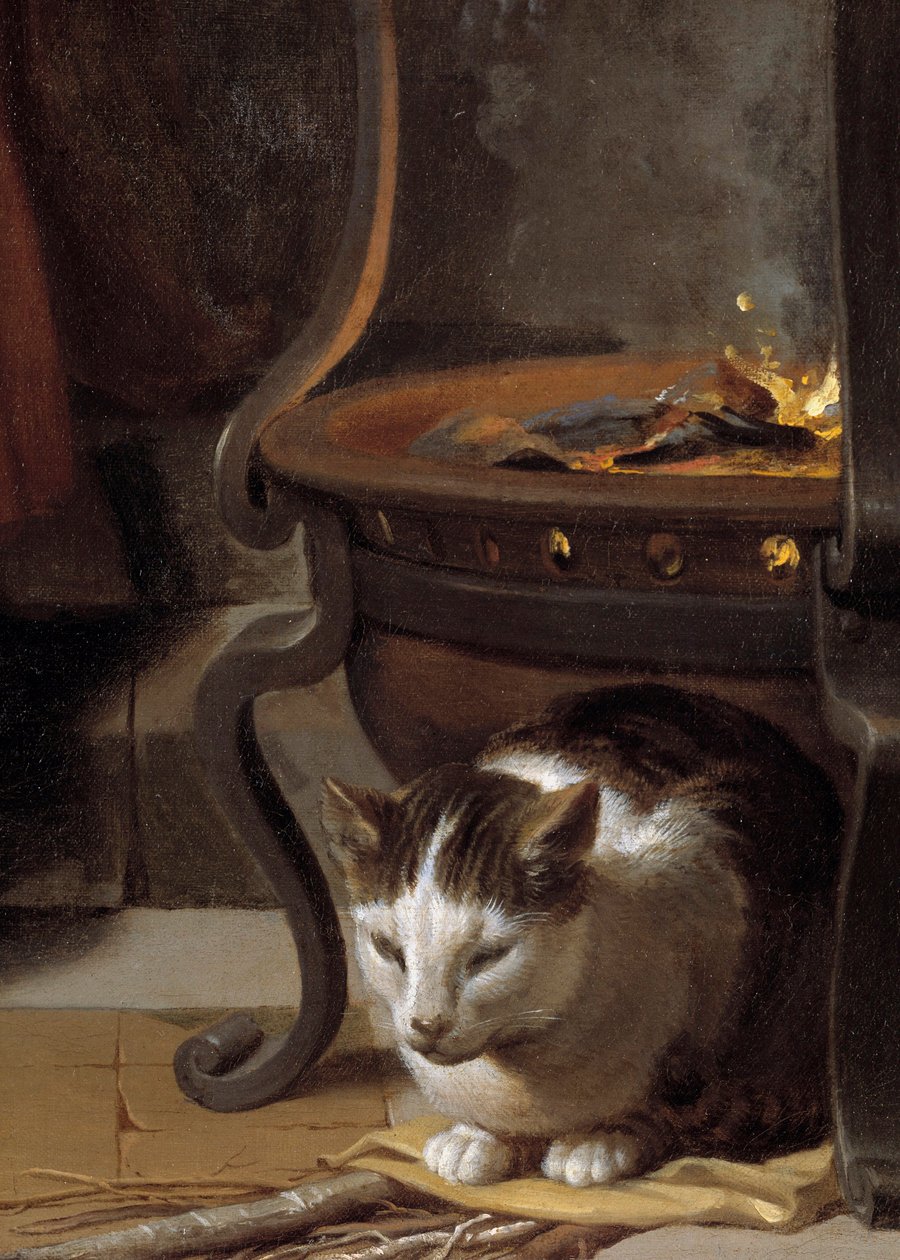 The Sleep of the Child Jesus Detalje, der forestiller en kat, der sover under ovnen. Maleri af Charles Lebrun (Le Brun) (1619-1690) 1655 søn. 0,87x1,18 m af Charles Le Brun