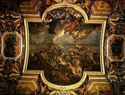 Udsigt over kongen, der tager Maastricht i tretten dage i 1673 og passagen på Rhinen i fjendernes nærvær i 1672, loftmaleri fra Galerie des Glaces af Charles Le Brun