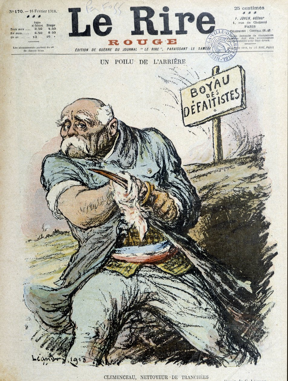 En behåret bagside: Clemenceau, skyttegravsrens. Forside "" Latteren"" fra 16/02/1918 af Charles Leandre