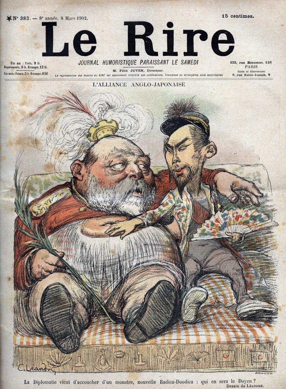 Anglo-Japanese Alliance (Japansk Anglo 1902) Diplomati har lige født et monster, ny Radica-Doodica: hvem bliver dekanen? - Kong Edward VII - KARIKATUR 1902 af Charles LEANDRE (1862-1934) for Latteren af Charles Leandre