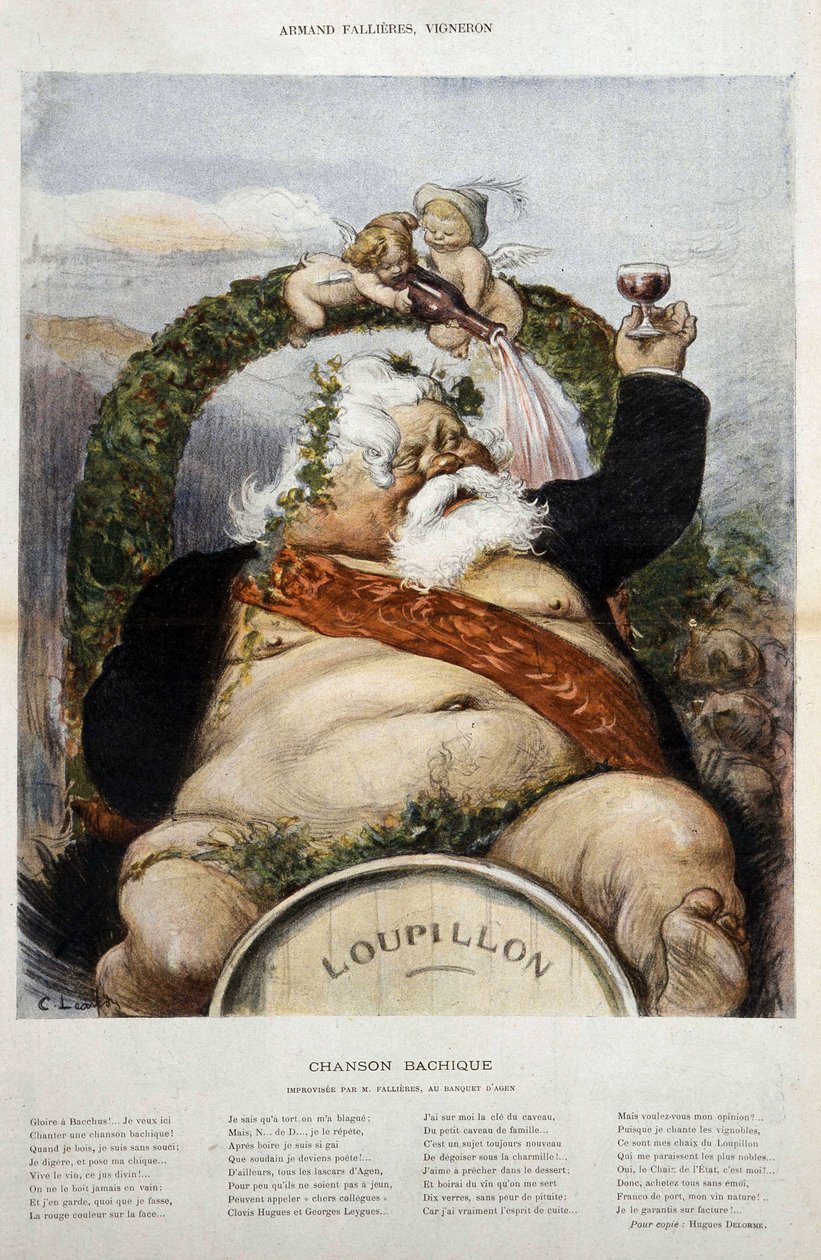 Armand Fallières, vinmager: karikatur af Fallières en Bacchus (Bacco) - i "" le Laughter "" fra oktober 1906 af Charles Leandre