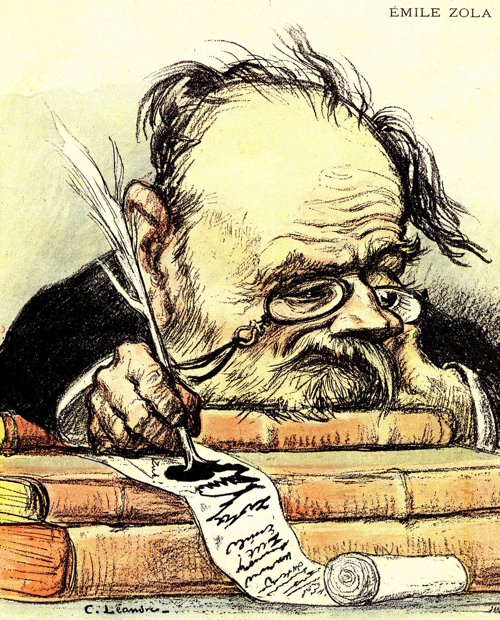 Tegneserie af Emile Zola (1840-1902) skrift, synligt manglende inspiration - Illustration af Charles Leandre i "The Rire"" af Charles Leandre