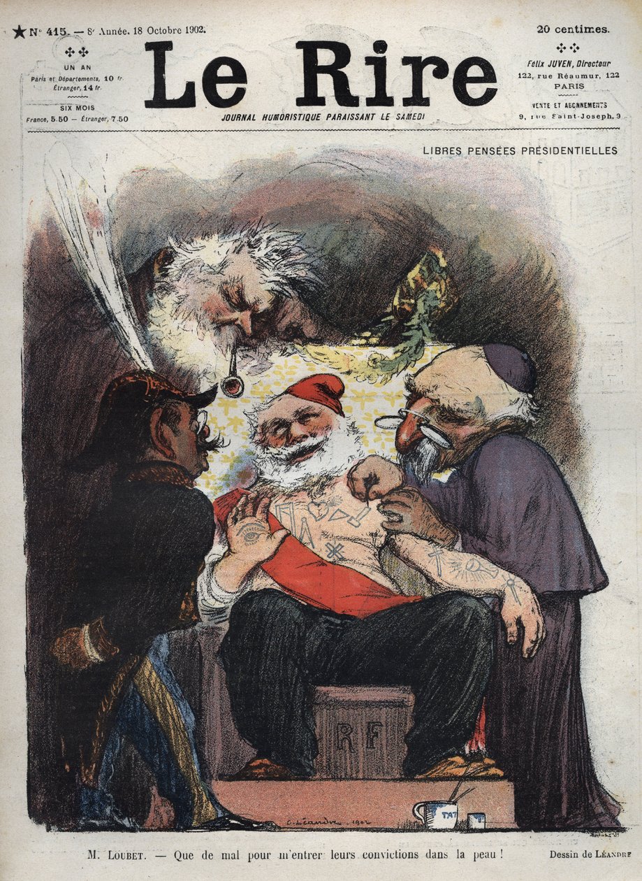 Emile Loubet - Gratis præsidentielle pensioner - hr. Loubet - Det er svært at få deres overbevisning ind i min hud! - (Charles Leandre (1862-1934) håner staten, kirken og hæren ved præsident LOUBETs seng, dækket med makoniske og andre tegn) karisk af Charles Leandre