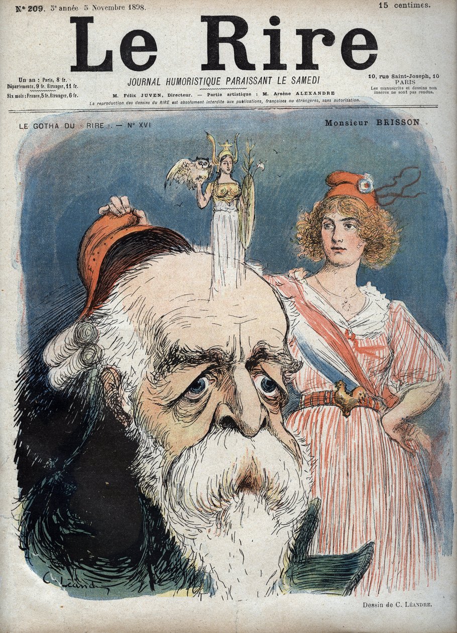 Eugene Henri Brisson (1835-1912), fransk advokat, journalist og politiker - Marianne løfter en rød kasket fra Bressons hoved og fra hendes hoved ser ud til at stige gudinden Athena med alle attributter - karikatur af Charles Leandre (1862-1934) i "" Le Rir af Charles Leandre