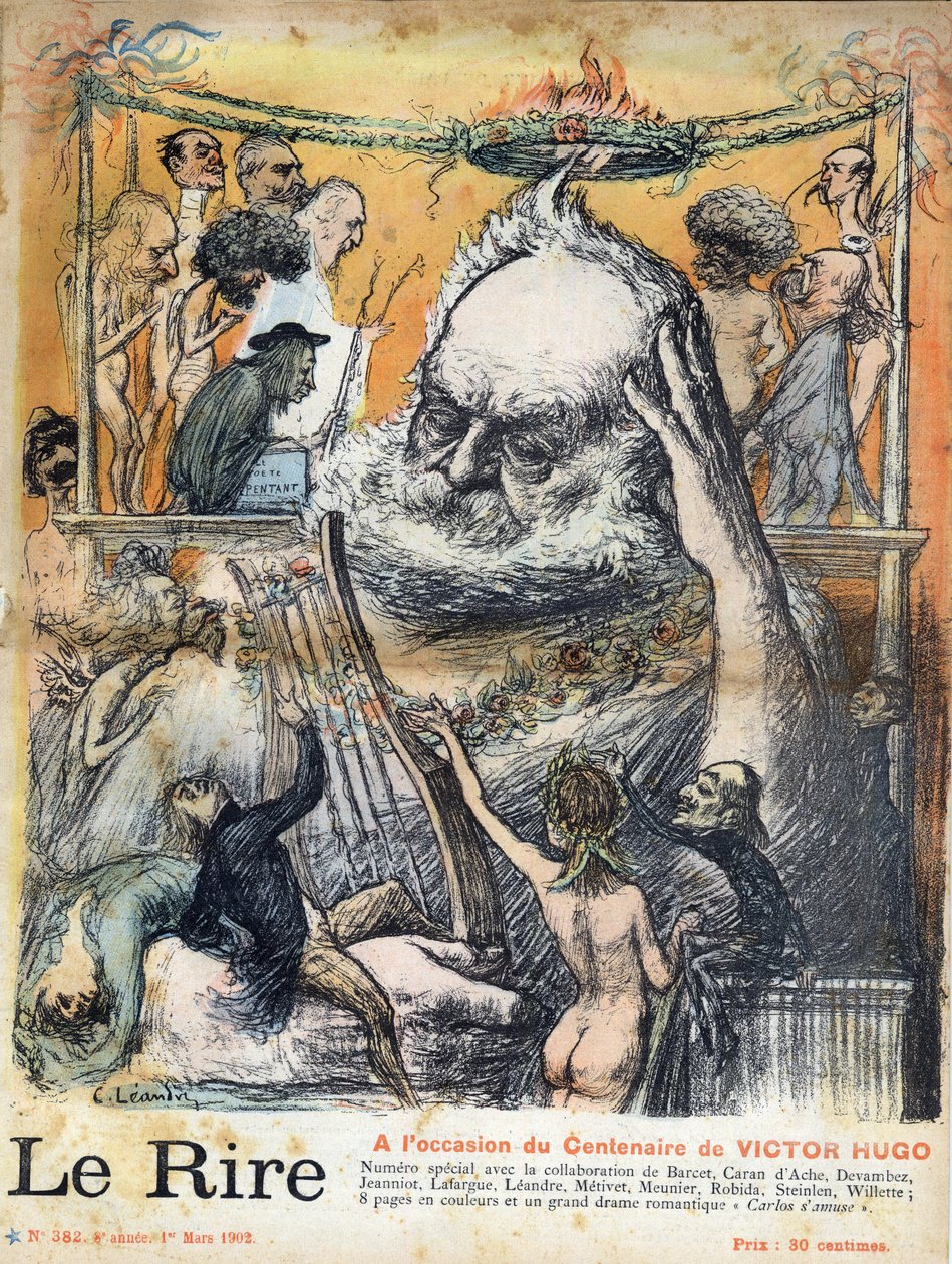 Første side af avisen "" Le rire"" af 1. marts 1902 dedikeret til 100-året for fødslen Victor Hugo: Victor Hugo tegneserie af Charles Leandre - Victor Hugo fransk forfatter, af Charles Leandre, forside af papir i marts 1902 af Charles Leandre