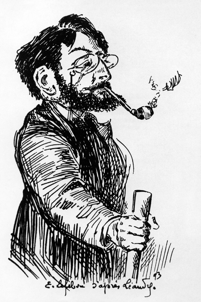 Henri Riviere (1864-1951) fransk kunstner og designer (skyggespil på Cabaret Le Chat Noir), tegning af E. Lefebvre efter Leandre af Charles Leandre