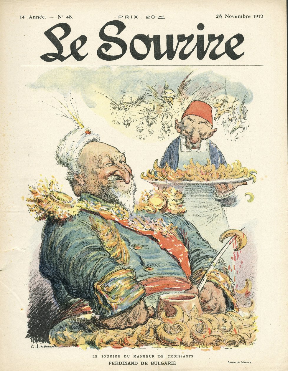 Illustration af Charles Leandre (1862-1934) til forsiden af Le Smile, nr. 48, 28/11/12 - Croissantspiserens smil - Tyrkiet, Orienten, Balkan, Bulgarien - Ferdinand de Bulgaria af Charles Leandre