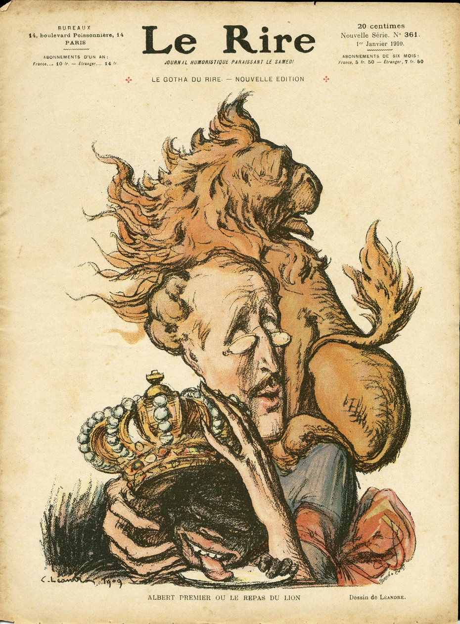 Illustration af Charles Leandre (1862-1934) i Le Rire, 01/01/10 - Belgien - Lion/Tiger, Albert 1er (Belgien) af Charles Leandre