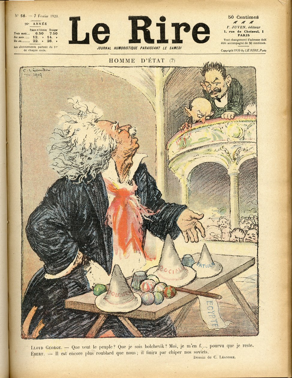 Illustration til forsiden af Le Rire, 07/02/1920 - Statsmand - David Lloyd George og Ebert Friedrich (1871-1925) af Charles Leandre