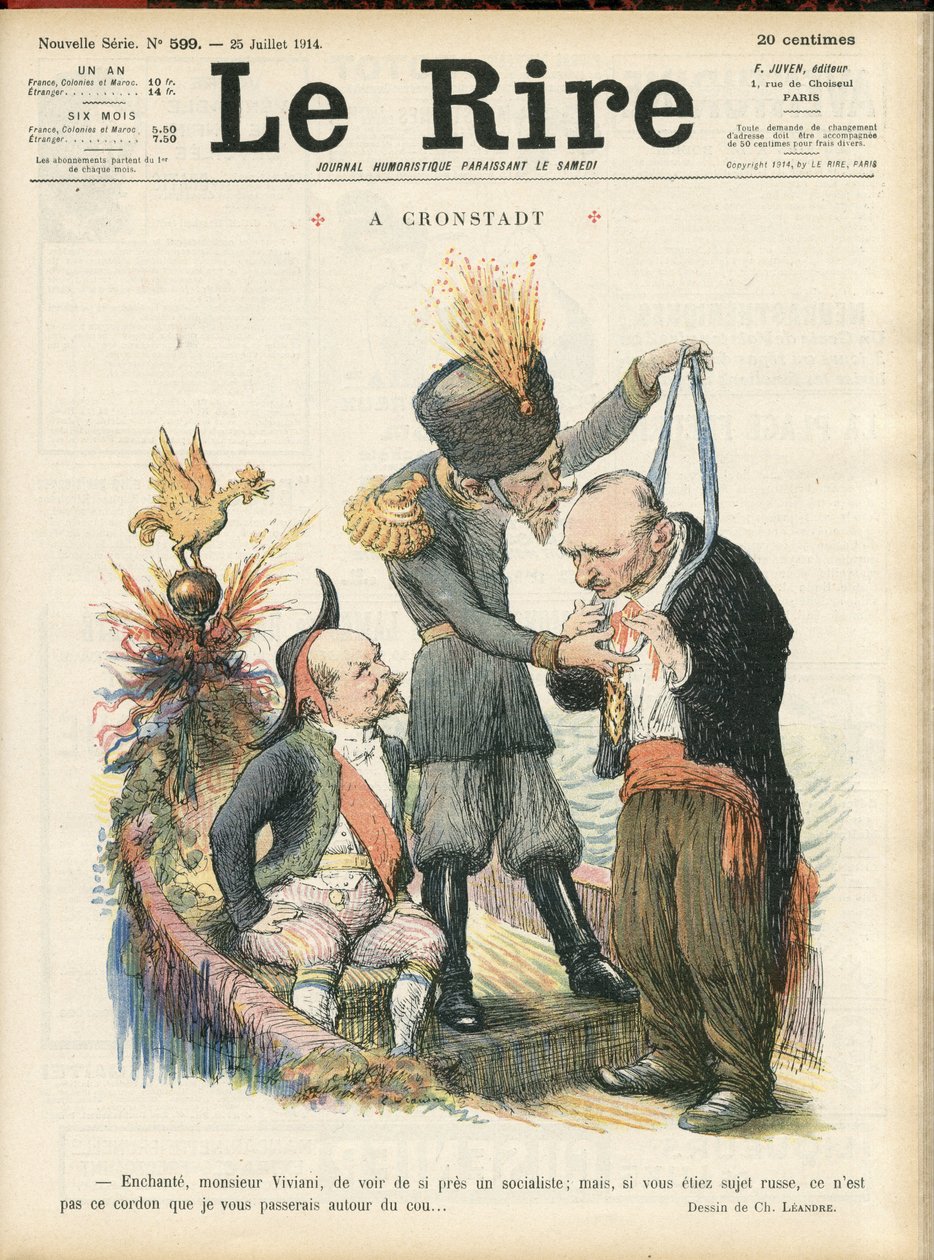 Illustration af Charles Leandre (1862-1934) til forsiden af Le Lire, 25/07/14 - "" Fortryllende Monsieur Viviani at se en socialist så tæt, men hvis du var et russisk undersåtter, er det ikke den snor, jeg ville videregive til dig." - A crondstadt - Ruslan af Charles Leandre