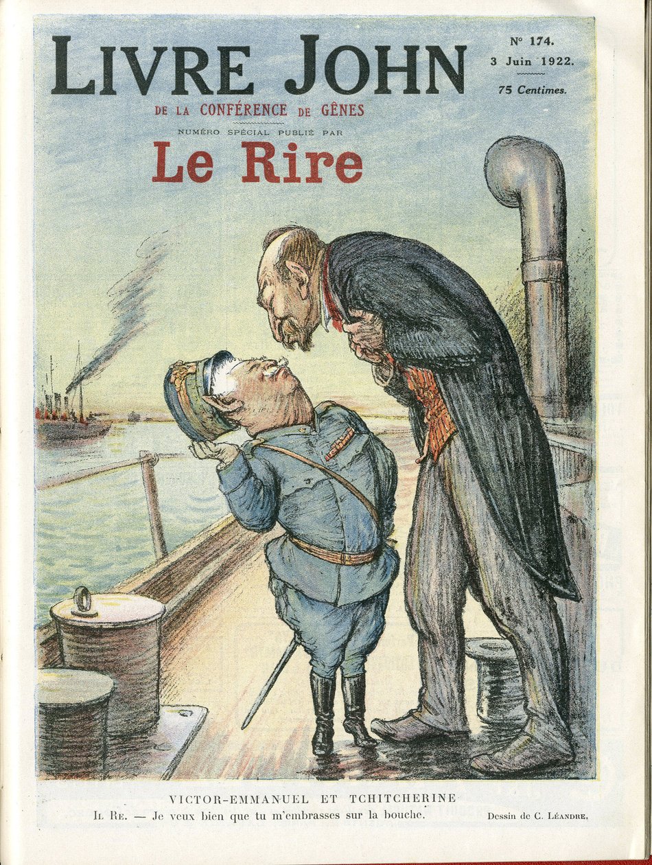 Charles Leandre (1862-1934) for forsiden af ​​Le Rire, 03/06/22 - Italien, USSR - Victor Emmanuel I, Gueorgui Titcherine (1872-1936) af Charles Leandre
