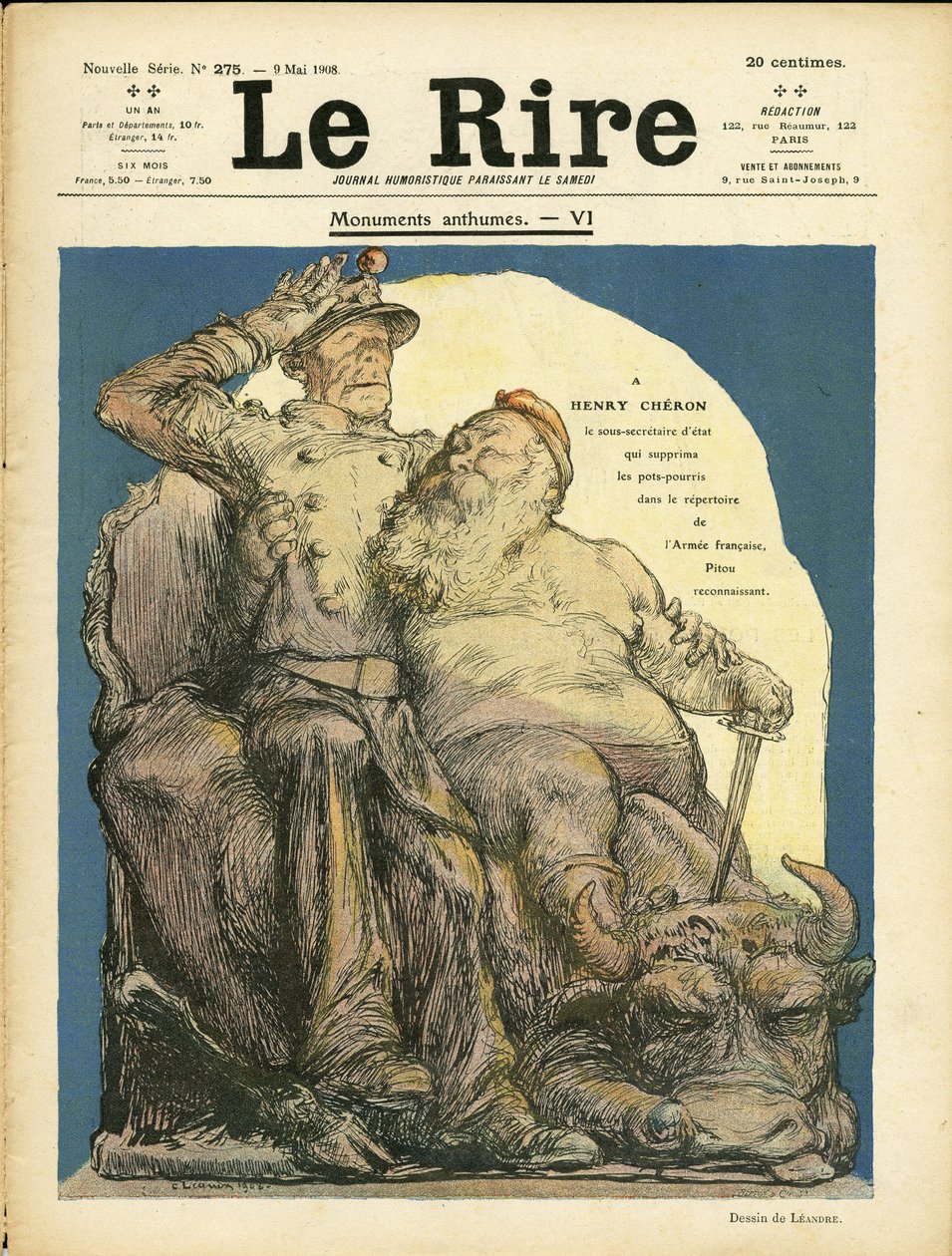 Illustration af Charles Leandre (1862-1934) til forsiden af Le Rire, 09/05/08 - Armee - Vache, Cherie Henry (1867-1936) af Charles Leandre