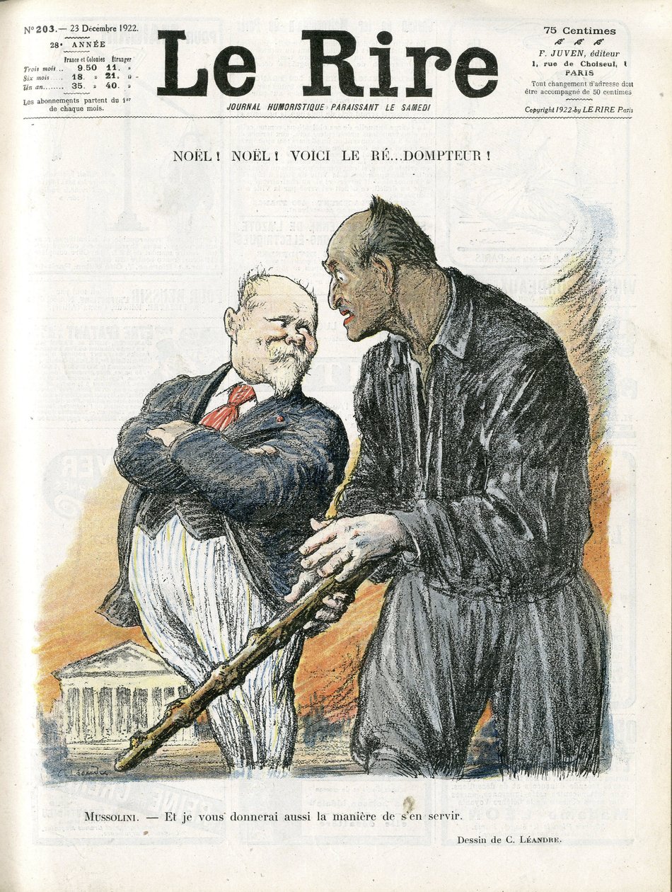 Illustration af Charles Leandre (1862-1934) til forsiden af ​​Le Rire, 23/12/22 - Noel Noel - Republikkens præsident - Poincare Raymond, Mussolini Benito, Tamer af Charles Leandre