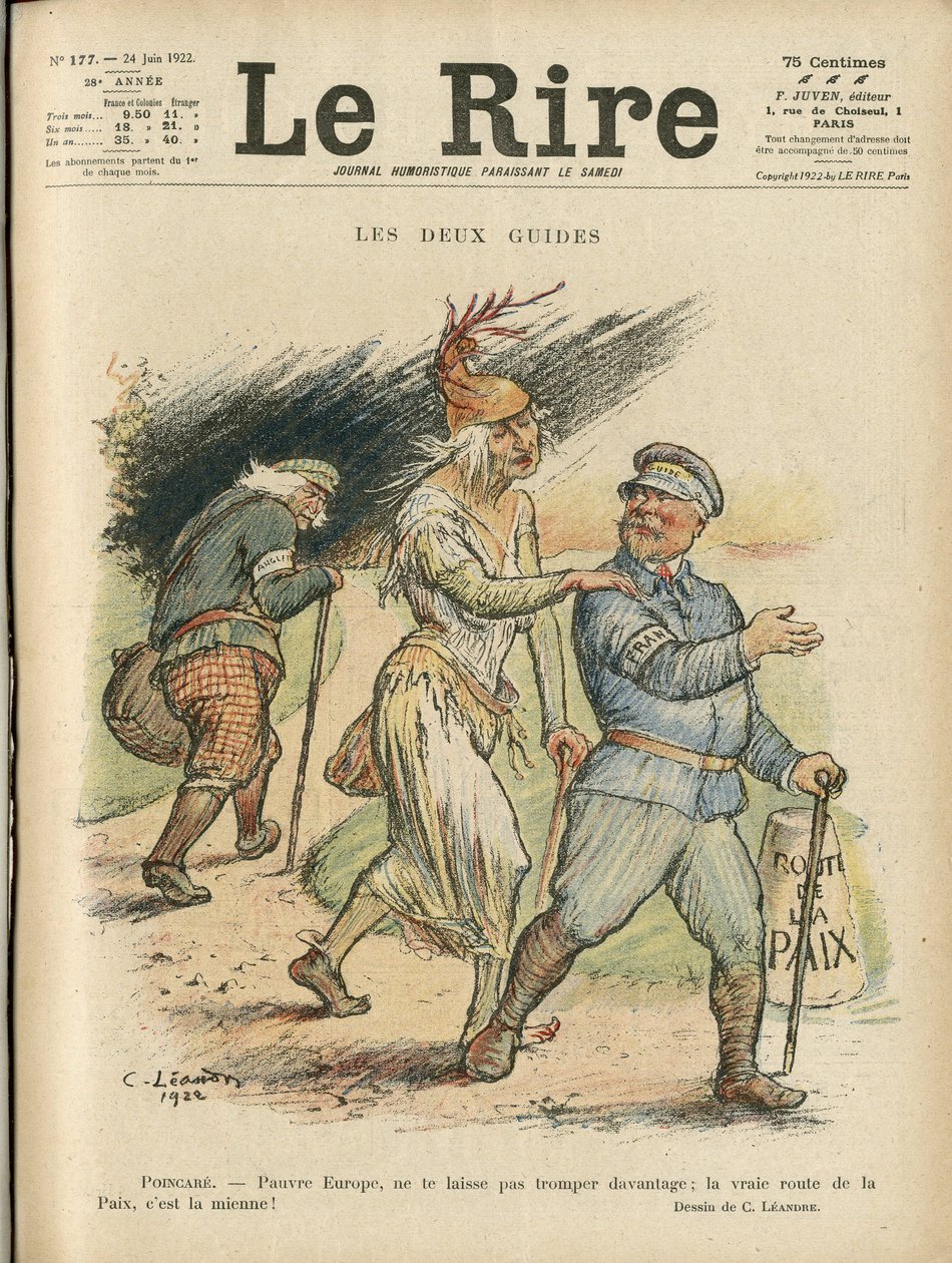 Illustration af Charles Leandre (1862-1934) til forsiden af Le Rire, 24/06/22 - De to guider - England Storbritannien, Europa, Republikkens præsident, Peace, Chapeau - Poinsare Raymond, David Lloyd George (1863- 1945) af Charles Leandre