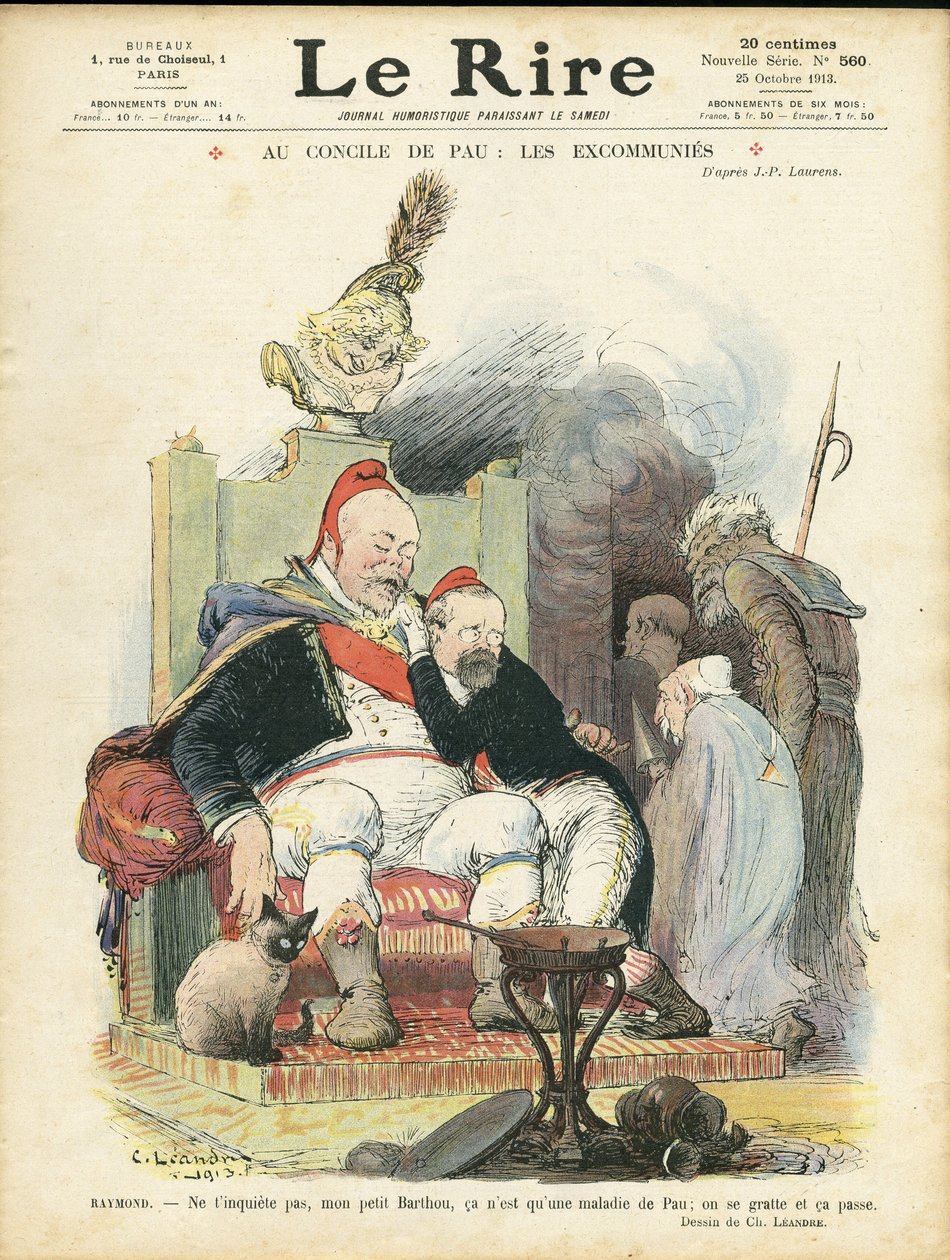 Illustration af Charles Leandre (1862-1934) til forsiden af Le Rire, 25/10/13 - Ved koncilet i Pau: excommunies - Religion Faith, republikkens præsident, Chapeau, lænestol (symbol på magt) - Combes Emile (1835-1921), Marianne, Poincare Raymond, af Charles Leandre