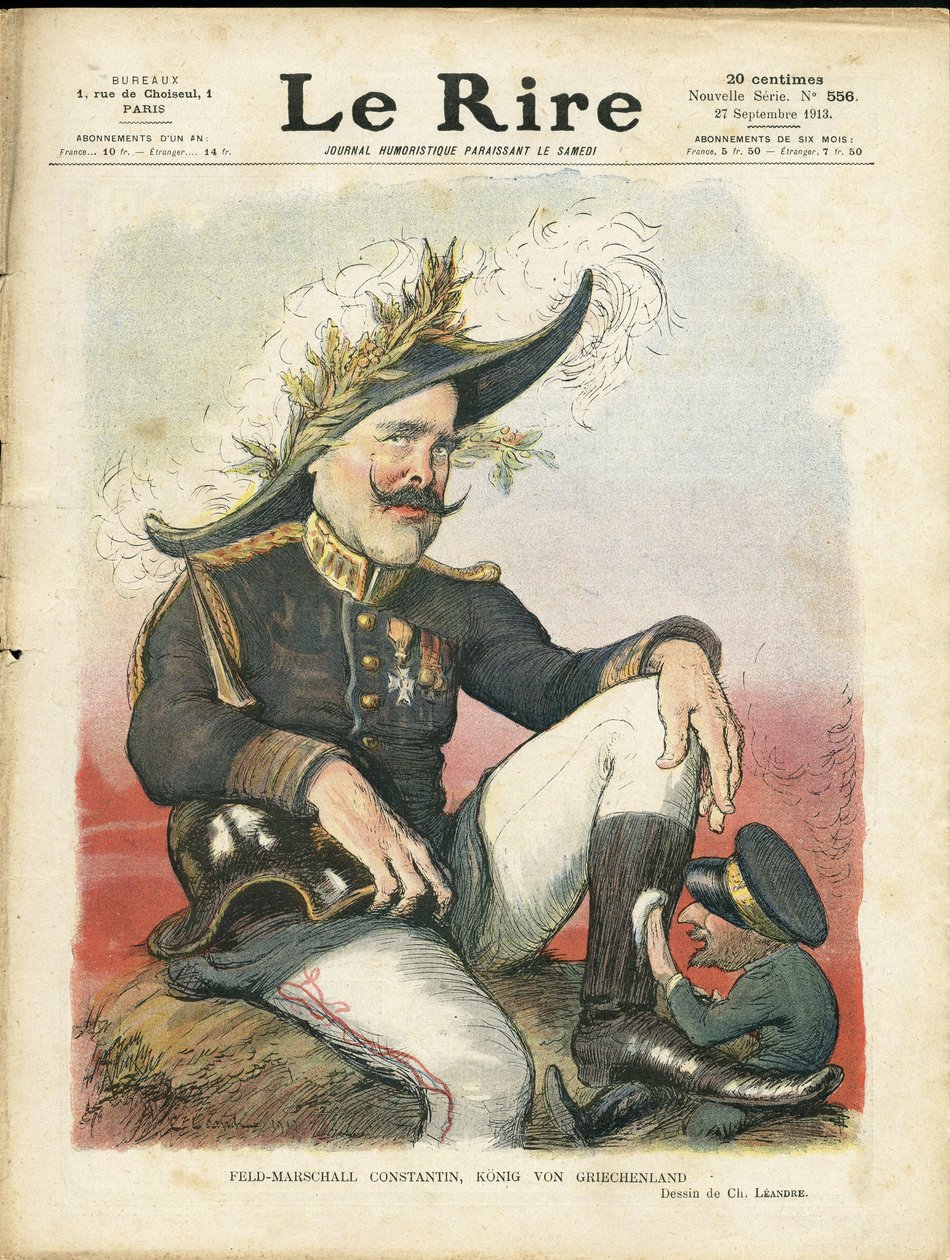 Illustration af Charles Leandre (1862-1934) til forsiden af Le Rire, 27/09/13 - Field-Marschall Constantine - Tyskland Preussen, hjelm med Pointe, Armee, Grækenland - Ferdinand af Bulgarien (1816-1948), Konstantin Constantin 1. (1868-1923) - Skopudsning af Charles Leandre