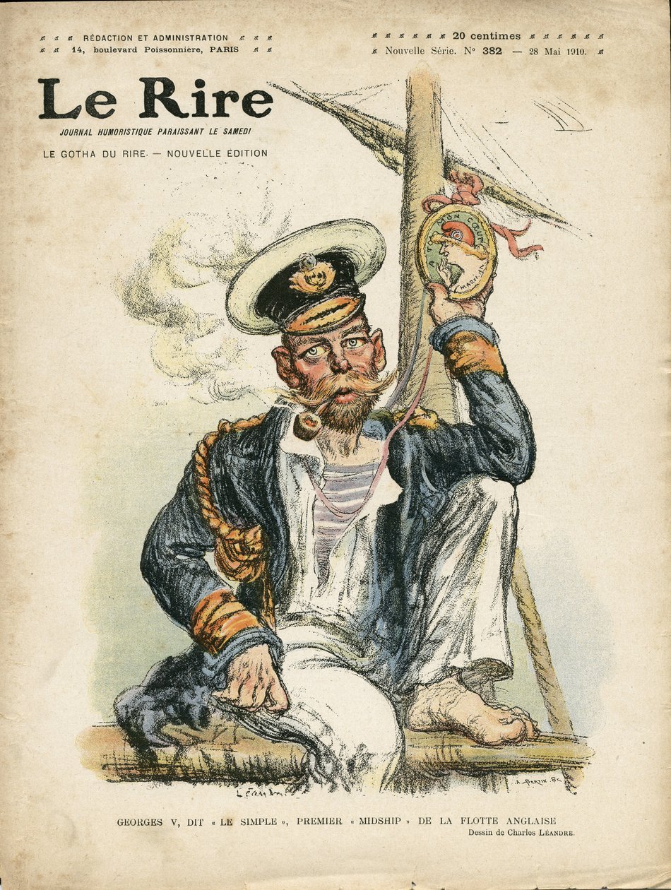 Illustration af Charles Leandre (1862-1934) til forsiden af Le Rire, 28/05/10 - England Storbritannien, Folie, Maritime Marine Seaside, Rygning, Tobak - George V (1865-1936) af Charles Leandre