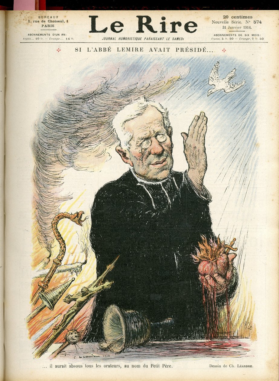 Illustration af Charles Leandre (1862-1934) til forsiden af Le Rire, 31/01/14 - Hvis Abbe Lemire havde præsideret... - Religion Tro - Abbe Jules Auguste Lemire (1853-1928) af Charles Leandre