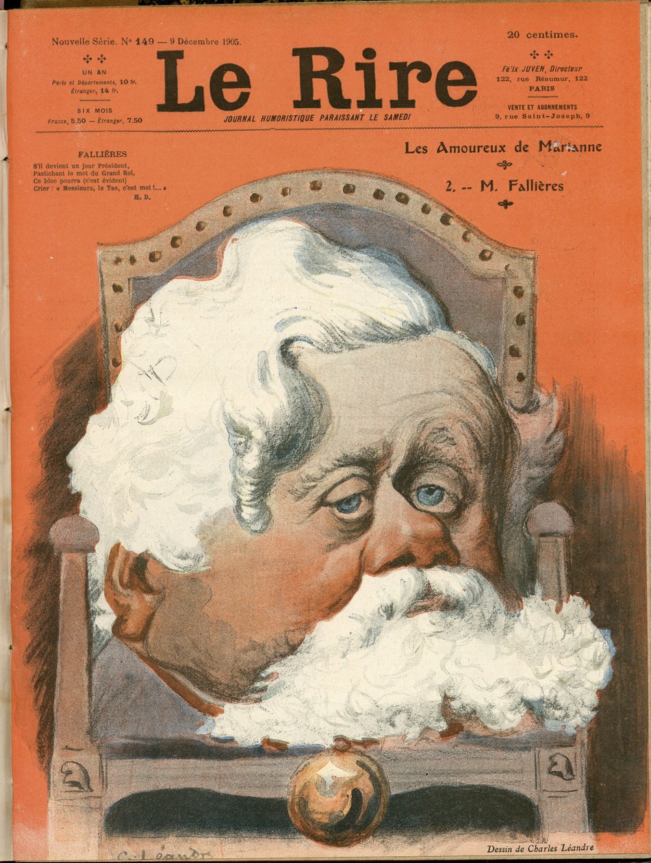 Illustration af Charles Leandre (1862-1934) til forsiden af Le Rire, nr. 149, 09/12/05 - Republikkens præsident, lænestol (magtsymbol) - Fallieres Armand (1841-1931) af Charles Leandre