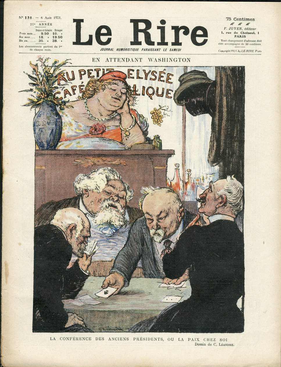 Illustration af Charles Leandre (1862-1934) i Le Lire, 06/08/21 - I mellemtiden Washington - Valg, republikkens præsident - Marianne, Fallieres Armand, Poinsare Raymond, Deschanel Paul - Kortspil af Charles Leandre