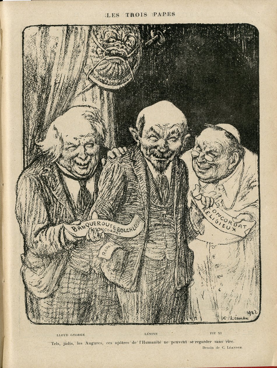 Illustration af Charles Leandre (1862-1934) i Le Rire, 03/06/22 - The Three Popes - England Storbritannien, U.S.R., Verifikatordatoer, Reichstag - Lenine, Lloyd George, Pius XI af Charles Leandre