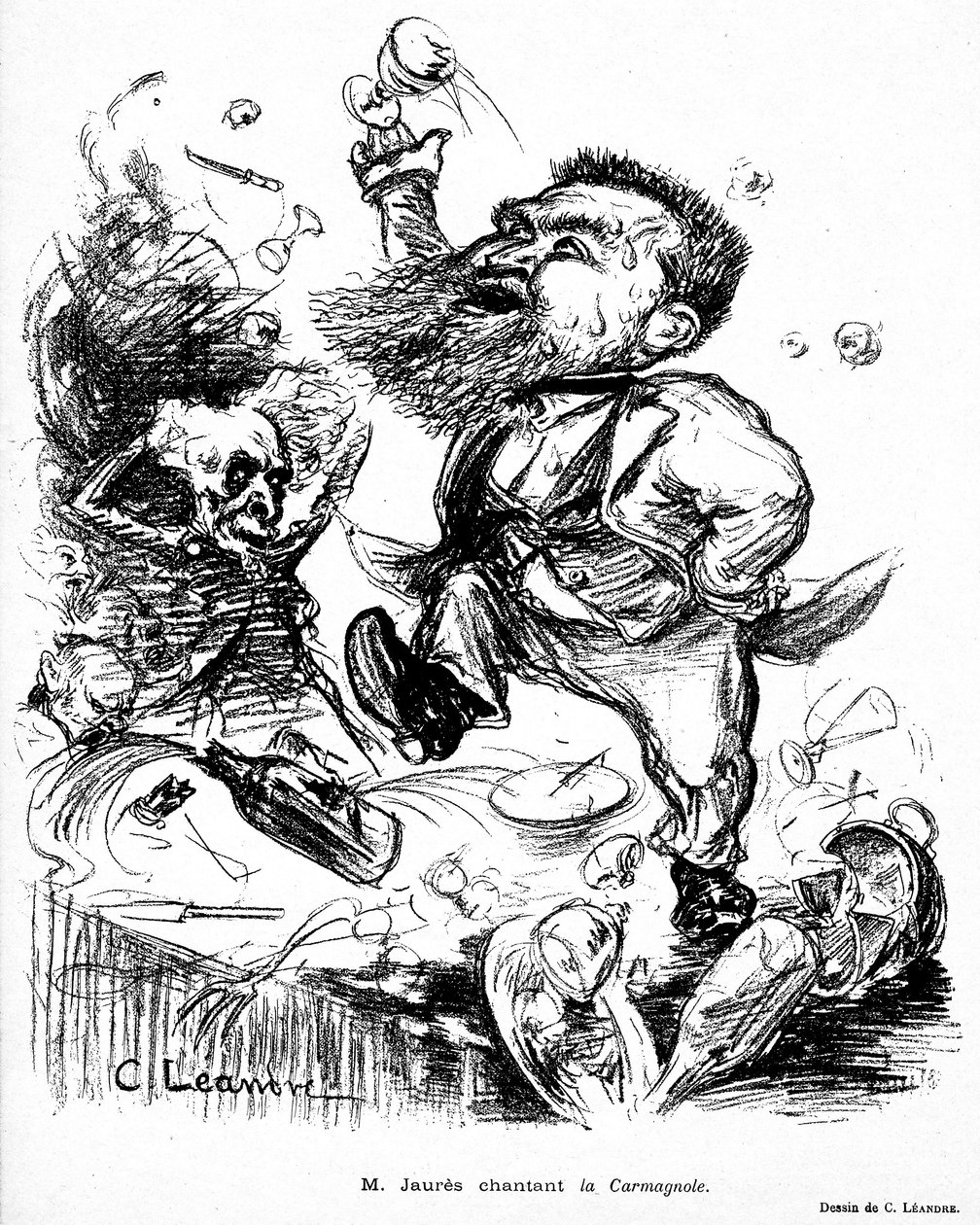 Jean Jaures danser og synger Carmagnole på et banketbord (formodentlig fuld) billede i Le Rire nr. 105 den 7. november af Charles Leandre