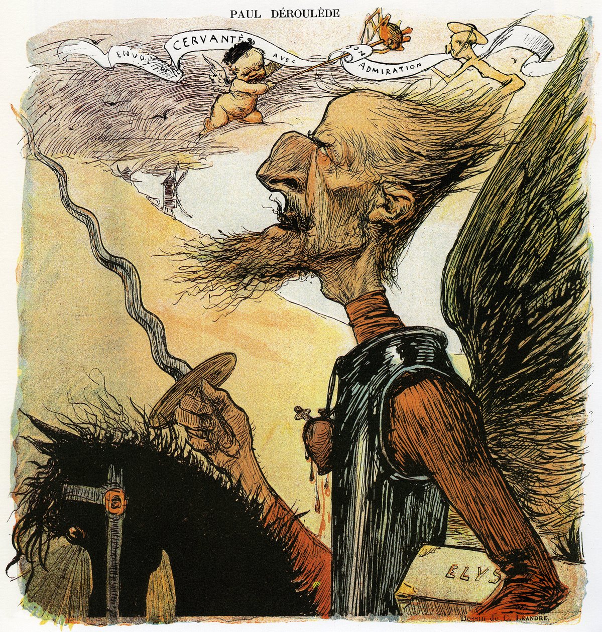 Paul Deroulede (1846-1914), fransk forfatter og nationalistisk aktivist, en vigtig aktør i antidreyfusisme, karikatur af Charles Leandre som ridder Don Quixote: han skal kæmpe mod vindmøller og bærer en kuffert mærket "Elysee" under armen. Drawi af Charles Leandre