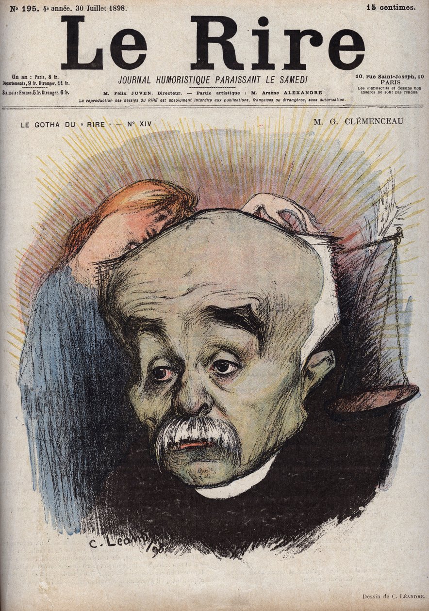 Portræt af Georges Clemenceau (1841-1929) - balancen refererer til avisen La Justice"" og dens direktør, Cornelius Herz, som havde modtaget penge fra Clemenceau - karikatur af Charles Leandre (1862-1934) i "" Le Rire"" ” af 30. juli af Charles Leandre