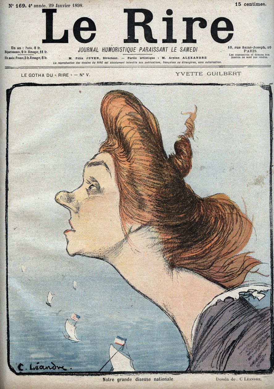 Portræt af sangerinden Yvette Guilbert (1865-1944) - Tegneserie af Charles Leandre (1862-1934) i "" Le Rire"" af 29. januar af Charles Leandre