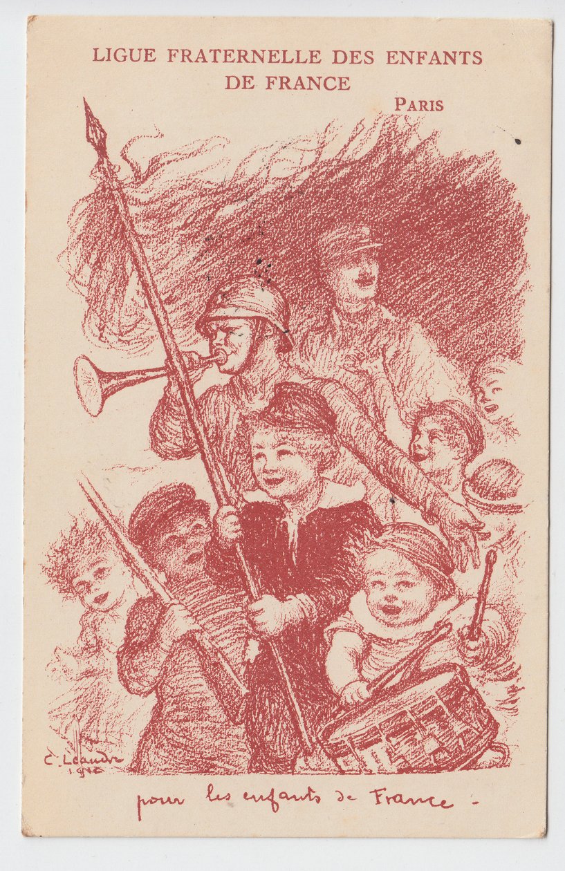 Postkort, satirisk i farver: Fraternal League of the Children of France - War of 14-18, Childhood, Patriotic Days Illustration af Charles Leandre (1862-1934) af Charles Leandre