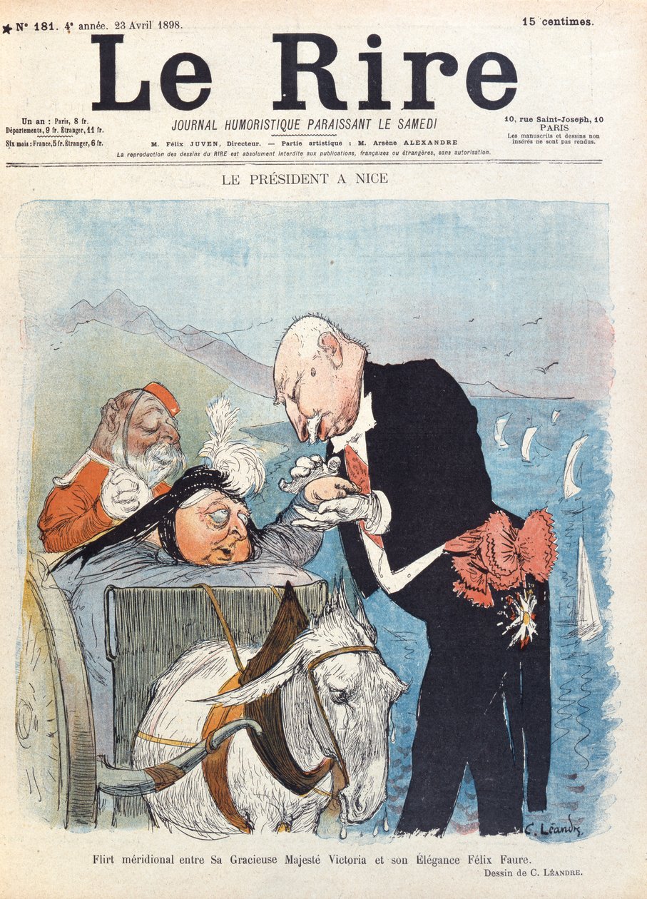 Dronning Victoria (1819-1901) flirter med præsident Felix Faure (1841-99), mens hun er på sin ferie i Nice, forsiden af magasinet 
