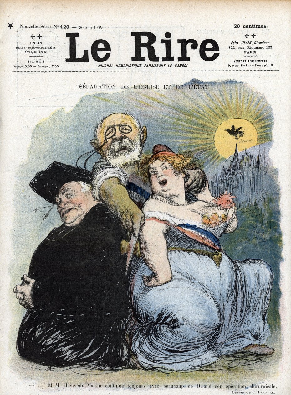 Adskillelse fra kirke og stat: "" den franske politiker Jean-Bienvenu Martin (Bienvenu-Martin) (1847-1943), minister for offentlig undervisning, kunst og gudstjeneste, der desperat søger at adskille kirken som en præst i Frankrig (fransk adskillelse af chu af Charles Leandre